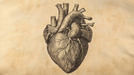Detailed black and white drawing of a human heart with anatomical features on vintage textured paper. Generative AI