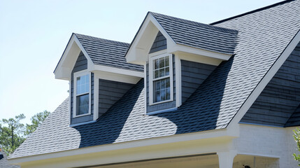 Dormer windows on grey shingle roof, sunny day