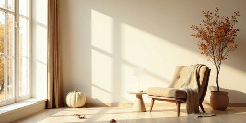 Fototapeta premium Serene autumnal living room scene with a cozy armchair, a side table, and warm sunlight streaming through a window