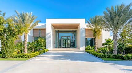 Fototapeta premium Luxury house entrance under a clear blue sky, showcasing elegance and tranquility in a serene outdoor setting.