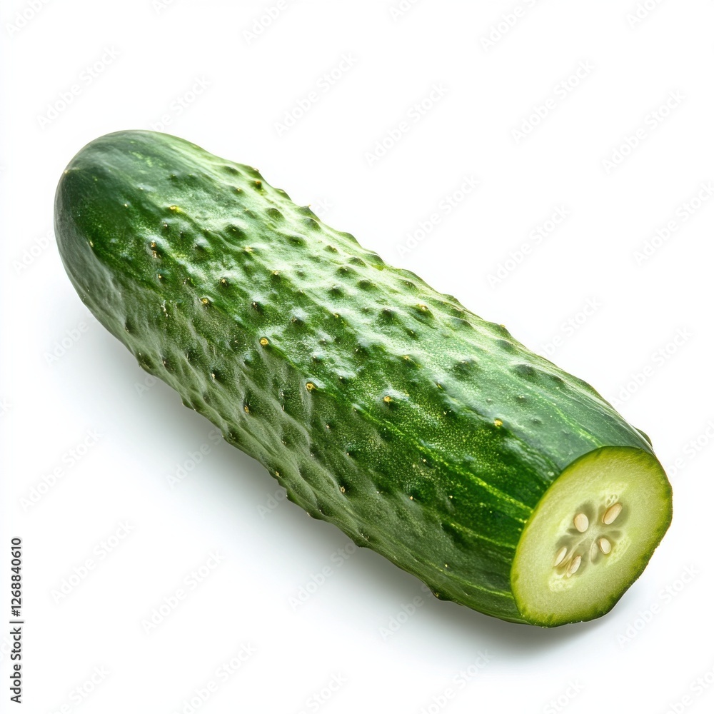 Poster Crisp cucumber slice resting on a clean surface showcasing its vibrant green color and texture