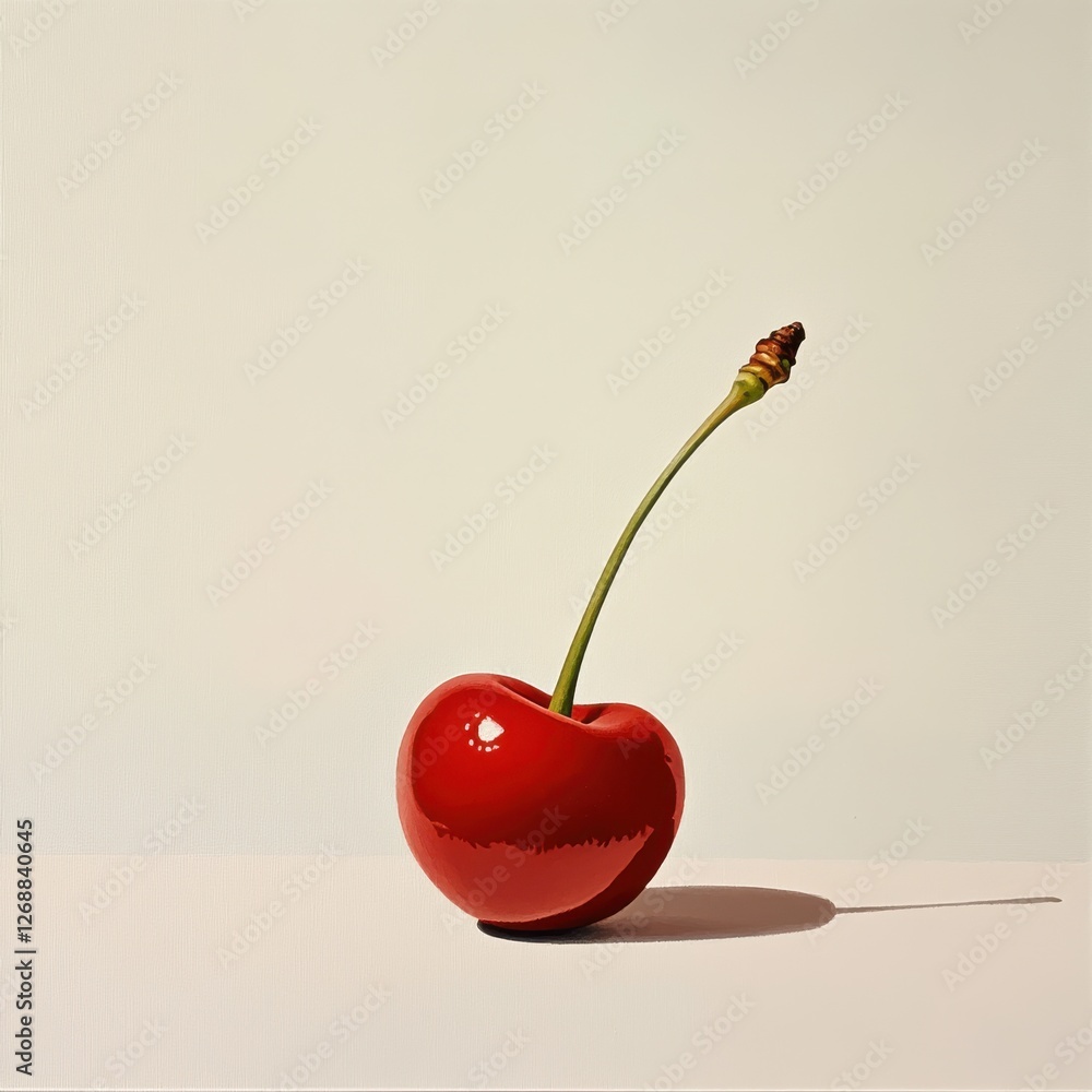 Poster glossy red cherry resting on a minimalistic surface against a soft, muted background