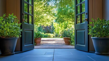 Luxury house entrance under a clear blue sky, showcasing elegance and tranquility in a serene outdoor setting.