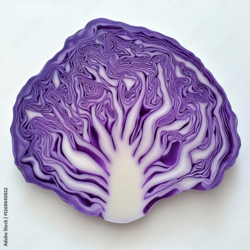 Poster Vibrant purple cabbage slice displaying intricate natural patterns and textures in a clear setting