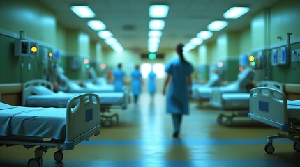 Obraz premium Blurred background interior of a Hospital with nurses and doctor in the distance