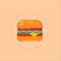 A cartoon of a hamburger with lettuce and cheese. The hamburger is on a yellow background