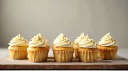 A delightful arrangement of six miniature vanilla cupcakes, each adorned with a delicate swirl of creamy frosting, presented on a rustic wooden board.