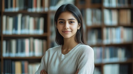 A young Indian student stands confidently in a quiet library, surrounded by shelves filled with books. She enjoys a moment of focus and determination, fully engaged in her studies