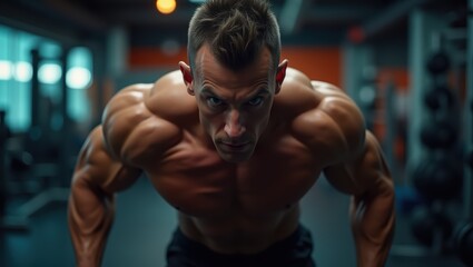 Intense Focus Muscular Man in Gym, Intense Workout