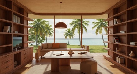 Obraz premium Tropical Living Room with Ocean View and Wooden Interior Design