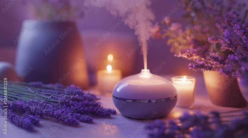 Poster Serene spa setting with diffuser releasing soothing mist and lavender in calming atmosphere
