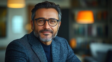 Obraz premium Portrait of a confident middle-aged man with glasses, wearing a blazer, smiling gently.