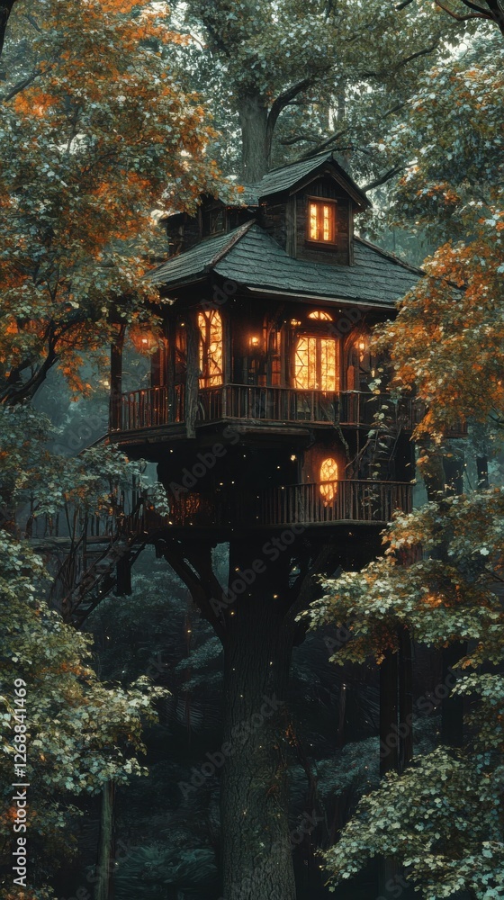 Poster glowing treehouse nestled amid lush green trees at twilight creating a magical ambiance in the fores
