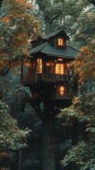 Glowing treehouse nestled amid lush green trees at twilight creating a magical ambiance in the forest