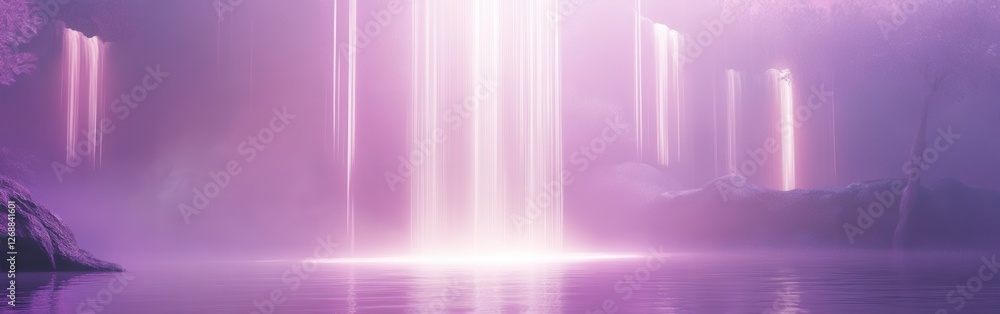 Poster serene waterfall cascading in a lavender and soft pink environment at twilight
