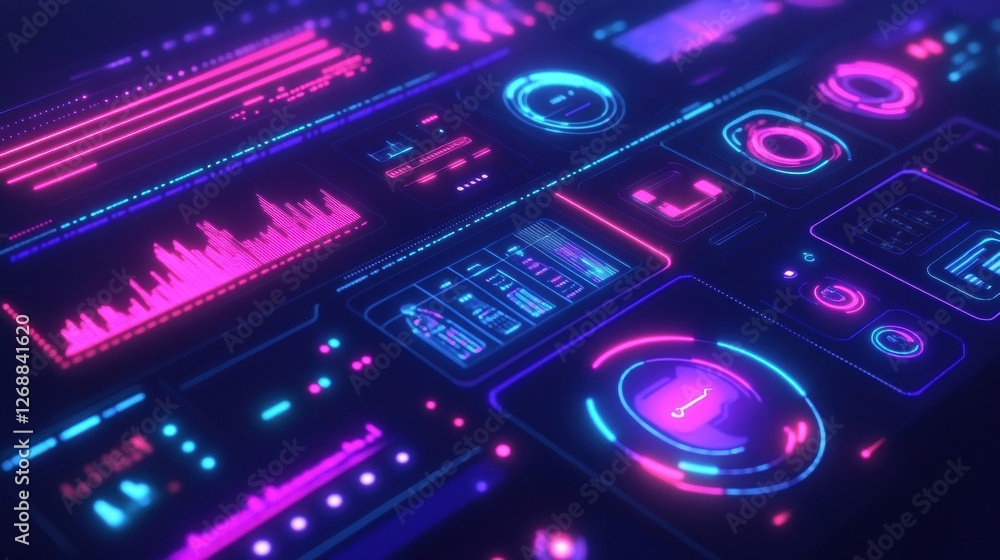 Aufkleber Futuristic digital interface with vibrant colors and data visualizations showcasing advanced technology and analytics. Generative AI
