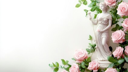 Romantic floral frame with pink roses and green foliage on white space, tailored for wedding websites, greeting cards, and decorative spring event branding.