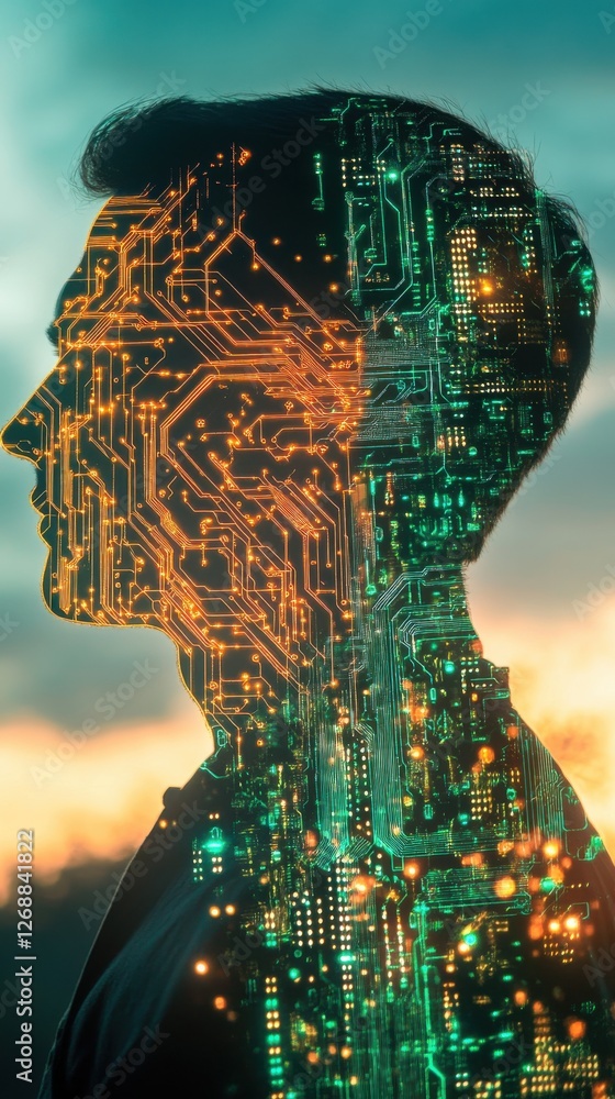 Aufkleber portrait of a man with a digital overlay symbolizing technology and innovation at sunset