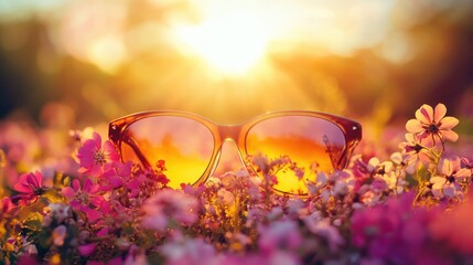 Stylish sunglasses resting among vibrant flowers in a golden sunset