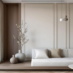Aesthetic elegant minimalist modern interior design. Clear mock up empty wall for decoration in the apartment. Copy space in the room.