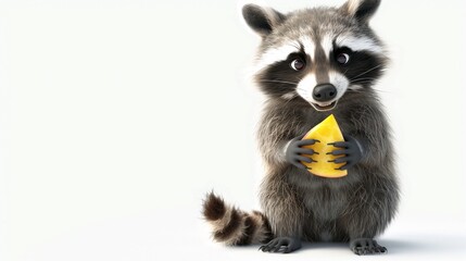 Fototapeta premium A playful cartoon raccoon holding a piece of fruit, depicted on a white background.