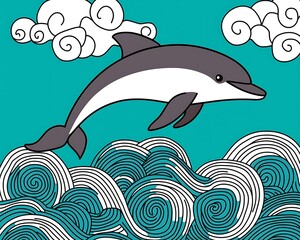 Fototapeta premium Playful Dolphin Swimming Joyfully in Stylized Ocean Waves and Clouds