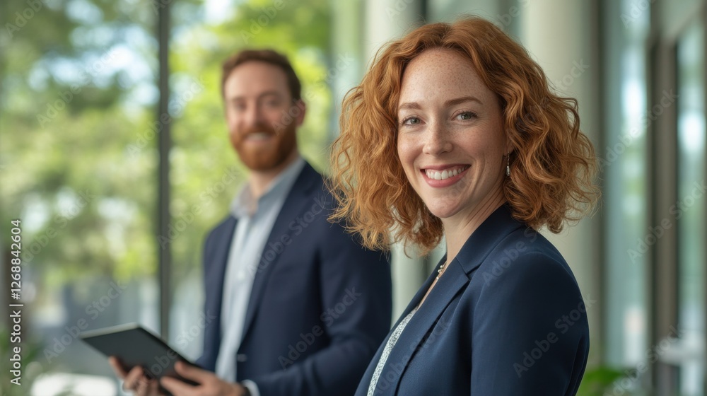 Poster engaging professional office interaction with smiling colleagues in a bright workspace