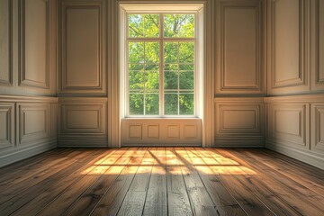 Naklejka premium A bright, spacious room with wooden flooring and large windows, allowing natural light to illuminate the space, framed by elegant molding.