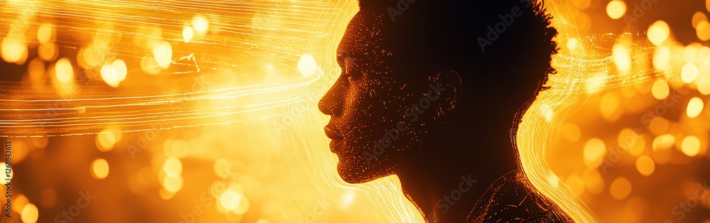 Poster mystical profile of a man illuminated by swirling golden lights in an ethereal atmosphere