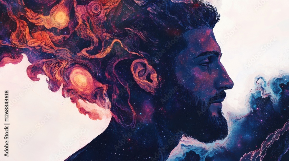 Poster mystical profile of a man filled with vibrant cosmic elements representing thoughts and imagination