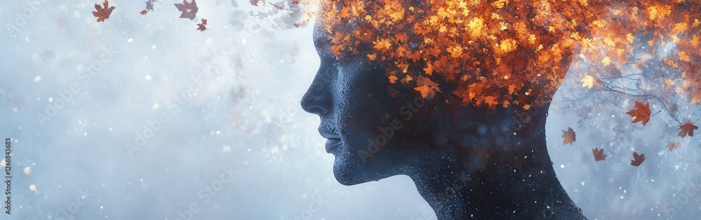 Poster mystical profile of a man with a vibrant autumn landscape merging with his thoughts