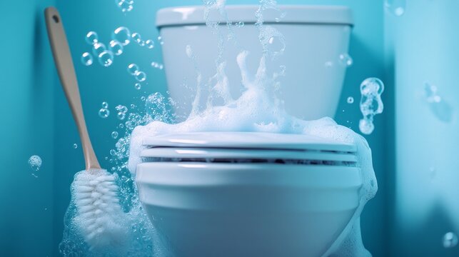 In a vibrant bathroom, a male adult diligently scrubs the toilet bowl with a brush, creating a flurry of bubbles and water splashes, embodying the spirit of cleanliness and care