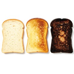 Three slices of bread arranged in row with each representing a different degree of toasting isolated on white background