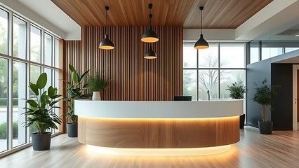A modern reception area with a lighting wooden  reception desk, black pendant lamps against wooden wall, adorned with potted plant near large glass windows