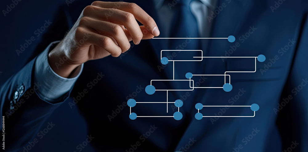 Poster businessman connecting nodes in a complex network system