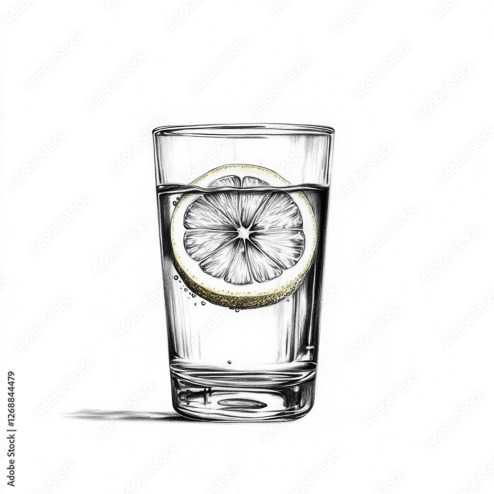 Poster refreshing sketch of lemon slice in crystal clear water served in a tall glass