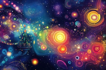 Colorful swirls fill a cosmic space scene with festive decorations