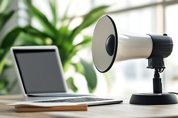 Modern Communication: Laptop and Retro Megaphone on Desk