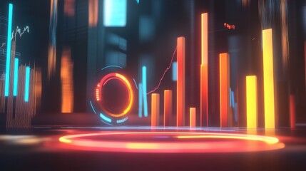 Visual representation of glowing bar charts illustrating data trends in a futuristic environment