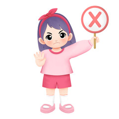 Kid carrying cross sign with no or stop hand gesture 