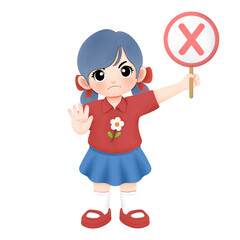 Kid carrying cross sign with no or stop hand gesture 