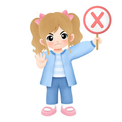 Kid carrying cross sign with no or stop hand gesture 