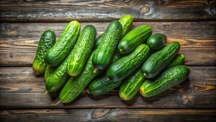 Fresh Organic Cucumbers Over Rustic Wooden Table Background
