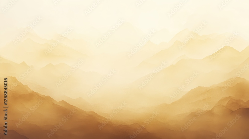 Poster golden yellow watercolor gradient fades gently, creating a serene atmosphere with soft mountain silh