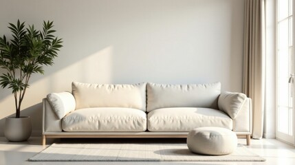 Serene Living Room Interior Design Featuring a Comfortable Off-White Sofa and Natural Light