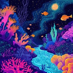 Vibrant coral reef ecosystem under a starry night sky