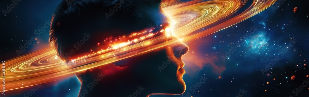 Leinwandbilder dynamic profile of a man with space visuals showcasing rings and cosmic elements in a surreal atmosp