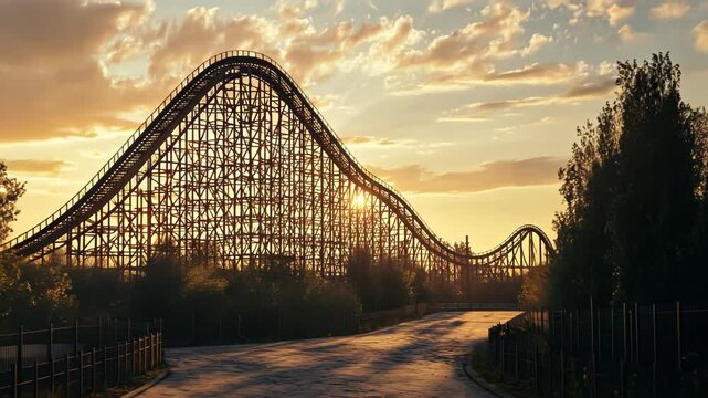 A wooden roller coaster silhouetted against a sunset sky, surrounded by trees.
