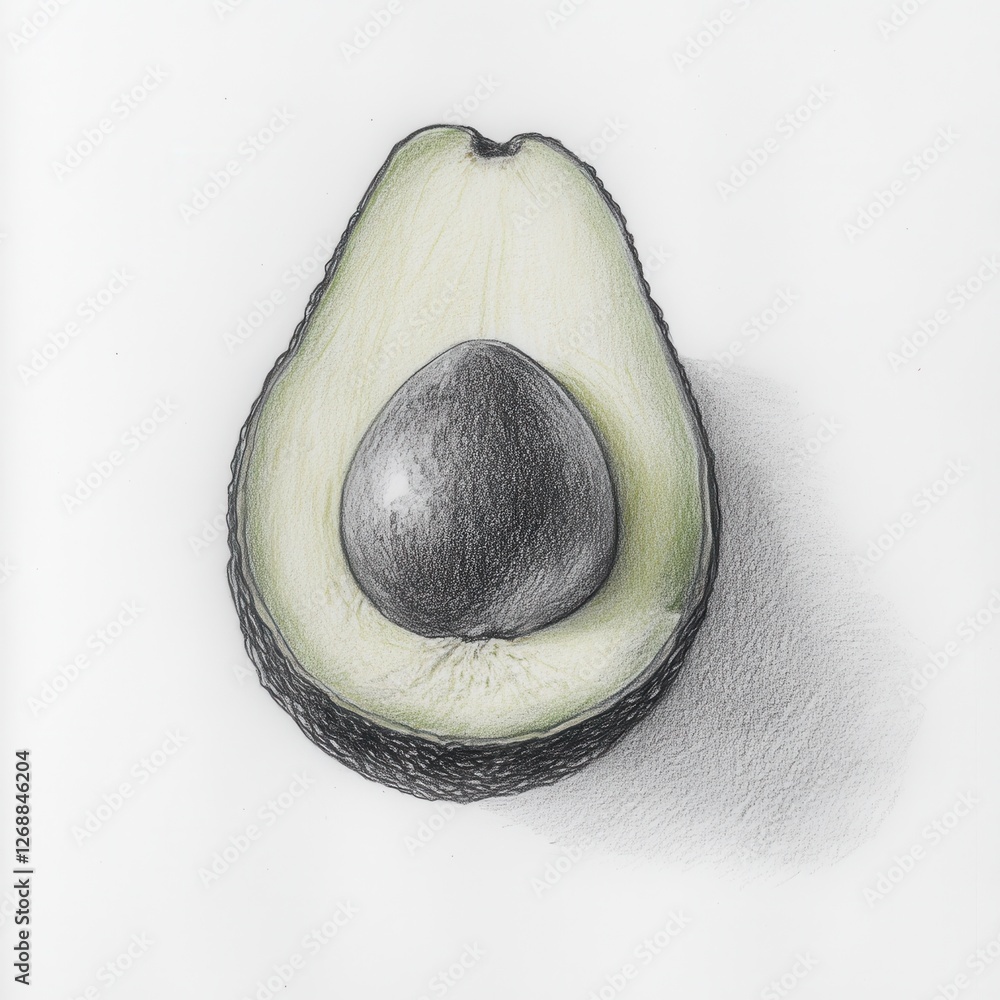 Poster close-up view of a halved avocado showcasing its seed in detailed drawing
