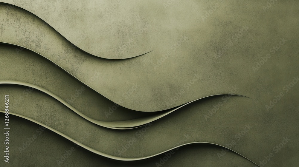 Poster Curved textured layers on a deep olive drab green background create an abstract design suitable for modern decor